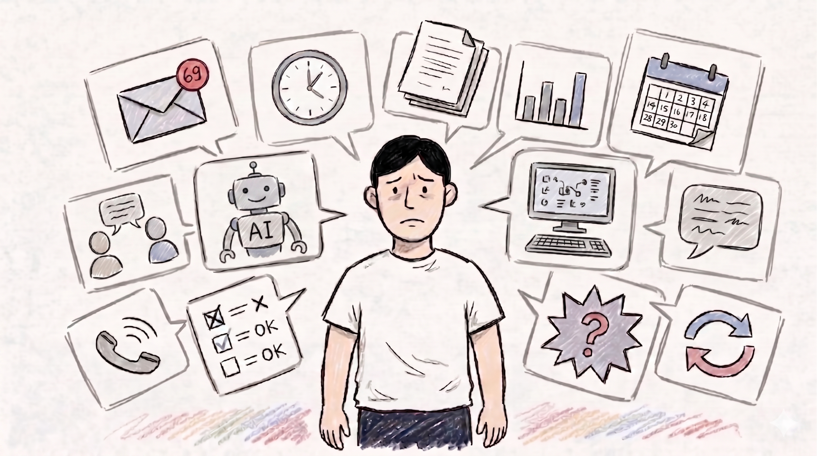 AIチーム導入前：雑務に追われる様子のイラスト